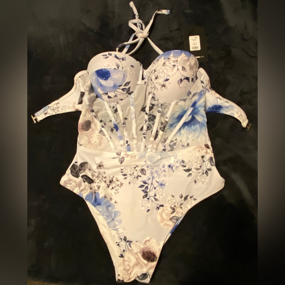 Fashion Nova Summer Romance Corset Swimsuit - White and Blue